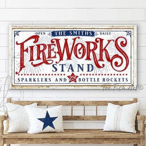 4th of July Sign Fireworks Stand Sign Personalized Wall Decor 1776 Patriotic Rustic Independence Day Americana Canvas or Outdoor Metal Print