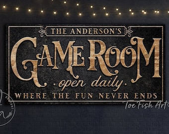 Personalized Game Room Sign Custom Family Last Name Modern Farmhouse Wall Decor Billiards Lounge Arcade Poker Darts Music Art CANVAS Print