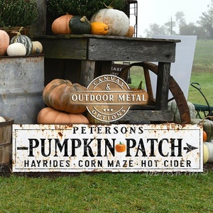 Letrero con el nombre de la familia Pumpkin Patch: lienzo o impresión metálica rústica moderna de estilo rústico, arte de pared vintage de Acción de Gracias otoñal, decoración otoñal personalizada.