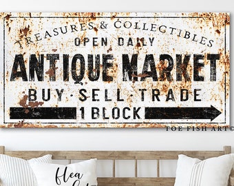 Modern Farmhouse Decor Antique Market Sign Rustic Wall Art Family Homestead Flea Market Buy Sell Trade Signs Vintage Canvas Print Wall Art