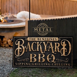 Enseigne personnalisée pour barbecue dans l'arrière-cour Art pour bar et grill pour terrasse de piscine Nom de famille pour terrasse Porche Nom de famille personnalisé Art mural pour ferme moderne PANNEAU EN MÉTAL !