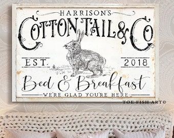 Bed and Breakfast Sign Rustic Farmhouse Wall Decor Name Date Sign Personalized Custom Guest Bedroom Wall Art Vintage Cottontail Canvas Print