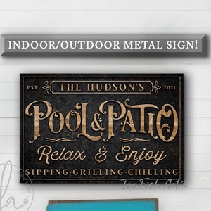 METAL SIGN! Personalized Pool & Patio Sign Backyard Bar and Grill Pool Deck Custom Family Last Name Sign Modern Farmhouse Wall Decor Rustic