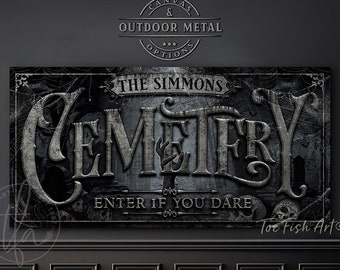 Spooky Cemetery Halloween Sign – Rustic Fall Vintage, Personalized Wall Art, Canvas or Metal Print Enter if you Dare