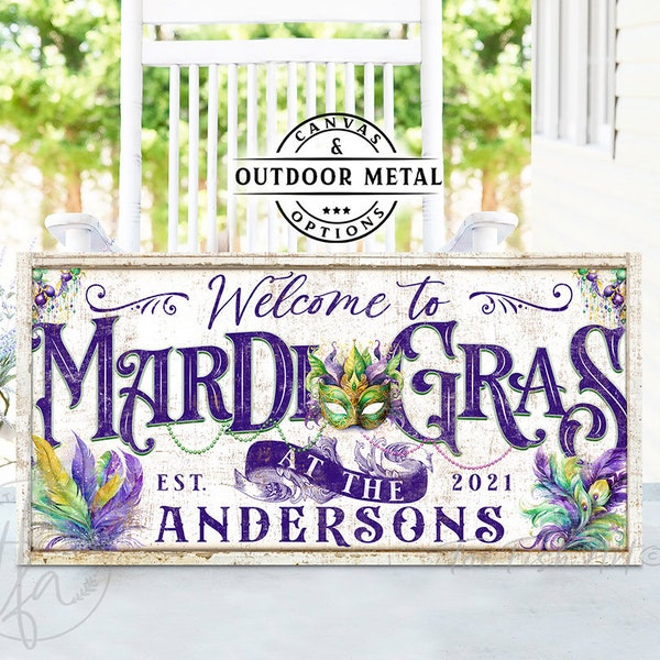 Mardi Gras Sign Personalized Decor Custom Family Name Art Modern Farmhouse Wall Decor Welcome Home Holiday Art Canvas or Outdoor Metal Print