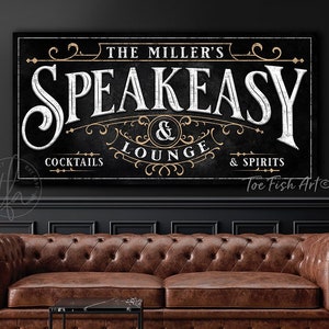 Speakeasy Bar Lounge Sign Man Cave Personalized Name Sign Custom Vintage Modern Farmhouse Wall Art Canvas Print for the Home Whiskey Lover