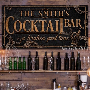 Cocktail Bar Sign Personalized Kraken Octopus Pirate Caribbean Theme Sign Game Room ManCave Basement Lower Level Last Name Canvas Art Print