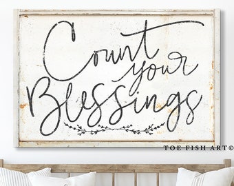 Count Your Blessings Modern Farmhouse Home Decor Canvas Print Scripture Bible Large Christian Living Room Custom Rustic Antiqued Wall Art