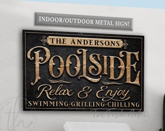 Personalized Poolside Sign Pool & Patio Sign Lanai Deck Custom Family Last Name Sign Modern Farmhouse Wall Decor Rustic METAL SIGN!