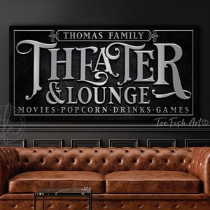 Personalized Theater & Lounge Large Rustic Wall Art Movie TV Room Sign Modern Farmhouse Wall Decor Custom Family Name Cinema CANVAS Print