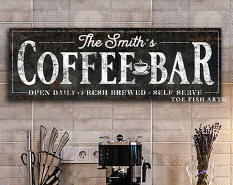 COFFEE BAR SIGN Modern Farmhouse Wall Decor Personalized Family Name Sign Large Rustic Custom Wall Art Industrial Vintage Art Canvas Print