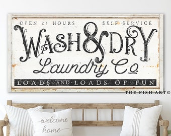 Modern Farmhouse Wall Decor Laundry Sign Wash & Dry Rustic Chic Self Service Laundry Room Decor Vintage Home Decor Primitive Canvas Print