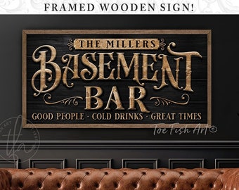 Basement Bar and Lounge Sign Man Cave Framed Personalized Name Family Custom Rustic Modern Farmhouse Wall Art for the Home Print WOOD SIGN!