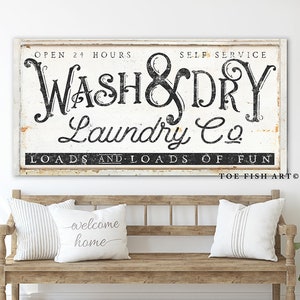 Modern Farmhouse Wall Decor Laundry Sign Wash & Dry Rustic Chic Self Service Laundry Room Decor Vintage Home Decor Primitive Canvas Print