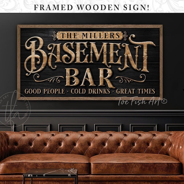 Basement Bar and Lounge Sign Man Cave Framed Personalized Name Family Custom Rustic Modern Farmhouse Wall Art for the Home Print WOOD SIGN!