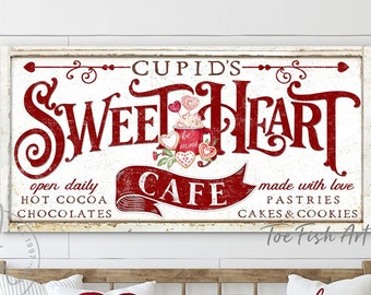 Cupid's Sweetheart Cafe Cocoa Bar Valentines Day Sign Modern Farmhouse Wall Decor & Customized Sign Vintage Style Kitchen Art Canvas Print