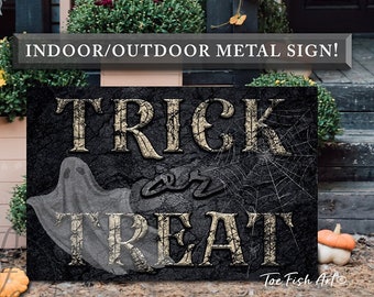 METAL SIGN! Trick or Treat Sign Custom Halloween Signs Industrial Home Decor Creepy Rustic Fall Medieval Spooky Vintage Large Farmhouse Art