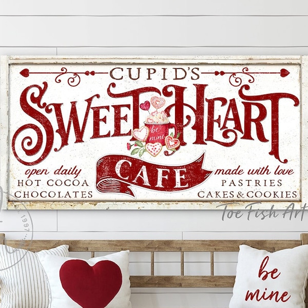 Vintage Valentines Day Sign - Cupid's Sweetheart Cafe Sign, Modern Farmhouse Wall Decor, Holiday Porch, Canvas or Metal Print