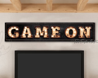 Game on Sign Modern Farmhouse Wall Decor Family Lounge Sign Large Rustic Wall Art Vertical Vintage Signs Canvas Print Game Movie Room Home