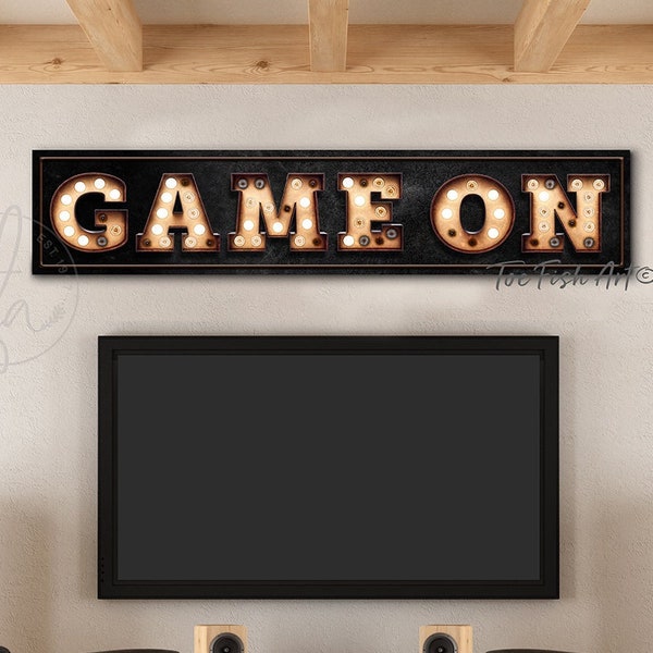 Game on Sign Modern Farmhouse Wall Decor Family Lounge Sign Large Rustic Wall Art Vertical Vintage Signs Canvas Print Game Movie Room Home