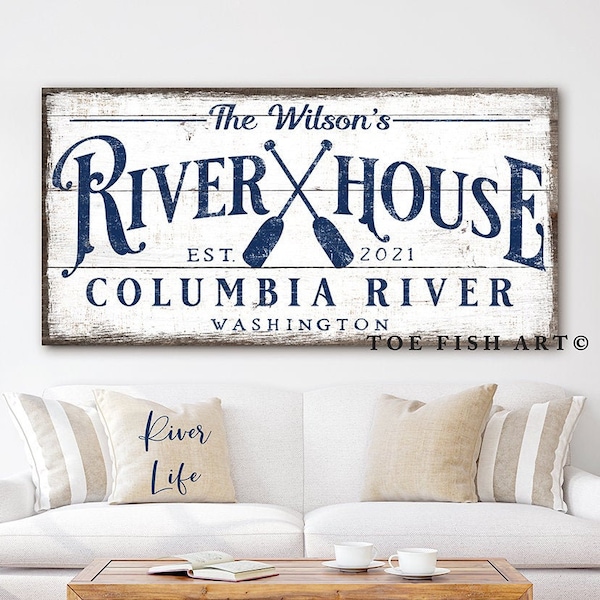 Custom River House Sign Modern Farmhouse Wall Decor Family Name Sign Rustic Wall Art Summer Cottage Cabin Lake Personalized Canvas Print