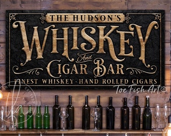 Whiskey and Cigar Bar Sign Man Cave Personalized Family Sign Custom Rustic Modern Farmhouse Wall Art Canvas Print for the Home Whiskey Lover