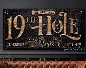19th Hole Bar and Lounge Sign Personalized Golfing Signs Modern Farmhouse Wall Decor Customized Name Rustic Vintage Wall Art Canvas Print