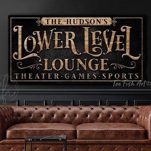 Personalized Custom Lower Level Lounge Sign Modern Farmhouse Wall Decor Family Name Sign Retro Basement Man Cave Bar Canvas Or Metal Print