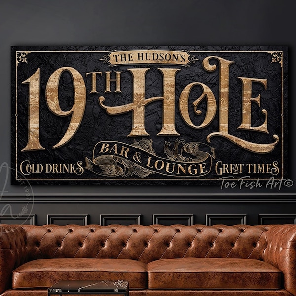 19th Hole Bar and Lounge Sign Personalized Golfing Signs Modern Farmhouse Wall Decor Customized Name Rustic Vintage Wall Art Canvas Print