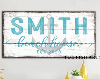 Beach House Sign Custom Family Name Signs Coastal Farmhouse Wall Decor Large Rustic Wall Art Modern Living Room Canvas Print Vintage Home