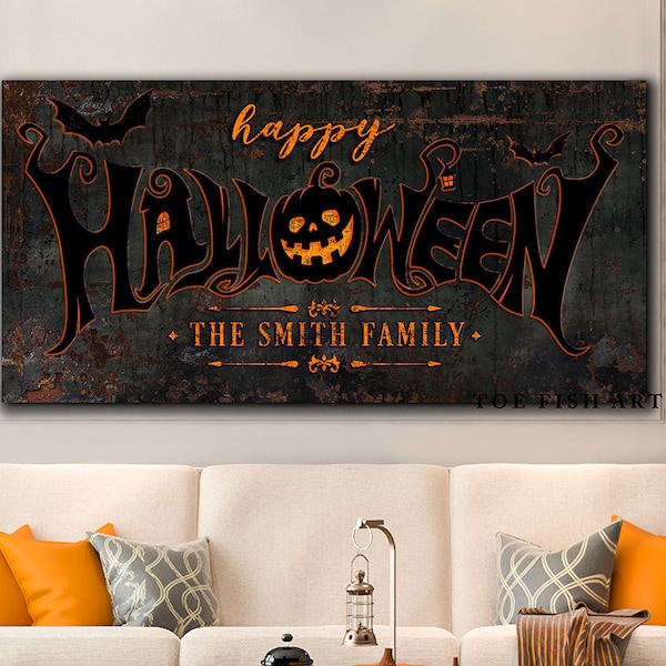 Halloween Sign Happy Name Established Sign Modern Farmhouse Decor Industrial Decor Creepy Rustic Fall Medieval Spooky Vintage Canvas Print