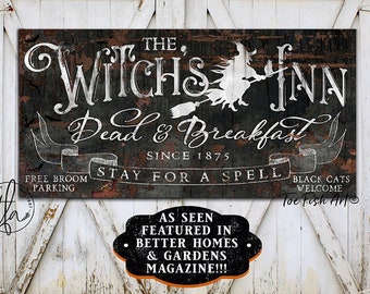 Halloween Sign – Dead & Breakfast Witch's Inn, Rustic, Spooky, Vintage, Farmhouse Canvas or Metal Print, Fall Decor Wall Art