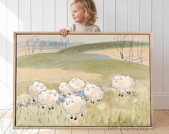Framed Vintage Sheep Painting - Canvas Print, Nursery Wall Art, Kids Room Decor, Cottagecore Sign