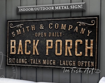 Personalized Back Porch Sign Backyard Bar and Grill Pool & Patio Deck Custom Name Modern Farmhouse Wall Art Canvas or Outdoor METAL Print