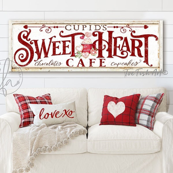 Cupid's Sweetheart Cafe Cocoa Bar Valentines Day Sign Modern Farmhouse Wall Decor & Customized Sign Vintage Style Kitchen Art Canvas Print