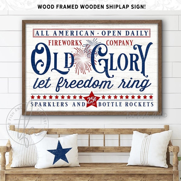 4th of July Sign Framed Wooden Fireworks Stand Old Glory Art Modern Farmhouse Wall Decor 1776 Patriotic Rustic Independence Day WOOD SIGN!