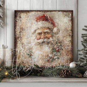 Vintage Christmas Sign – Rustic Santa Claus Holiday Canvas Print, Modern Farmhouse Wall Decor, Mantel, Living Room Seasonal Decoration