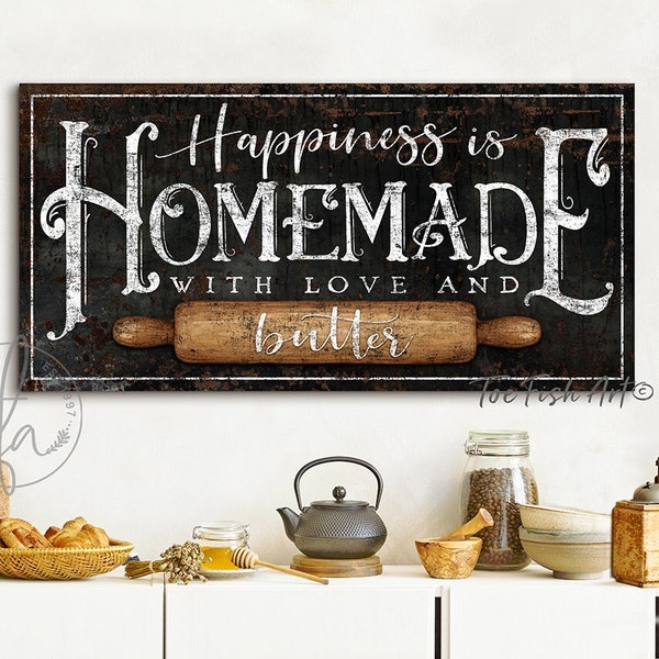 Le bonheur est fait maison avec de l'amour et du beurre, décoration murale de ferme moderne, salle à manger, décoration de cuisine, grande impression sur toile, citation de pâtisserie
