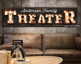 Movie Room Sign Modern Farmhouse Wall Decor Custom Name Sign Family Personalized Theater Sign Large Rustic Wall Art Drive In CANVAS Print