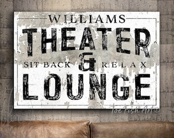 Theater and Lounge Sign Personalized Family Last Name Art Modern Farmhouse Decor Custom Family Wall  Distressed Canvas Print Home Man Cave