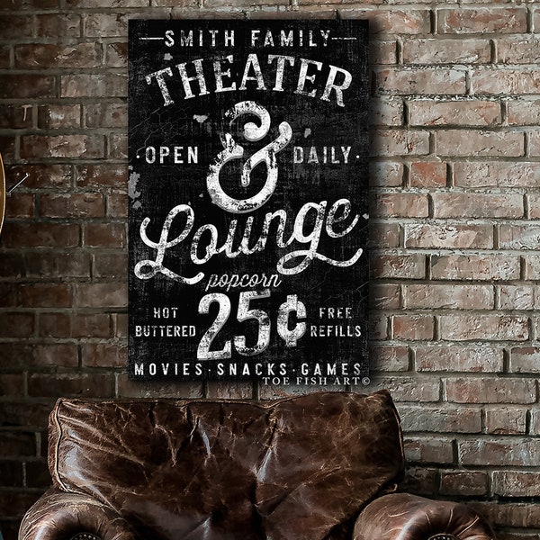 Custom Family Name Sign Theater Sign Modern Farmhouse Wall Decor Rustic Industrial Vintage Signs Canvas Print Game Movie Room Home Theater