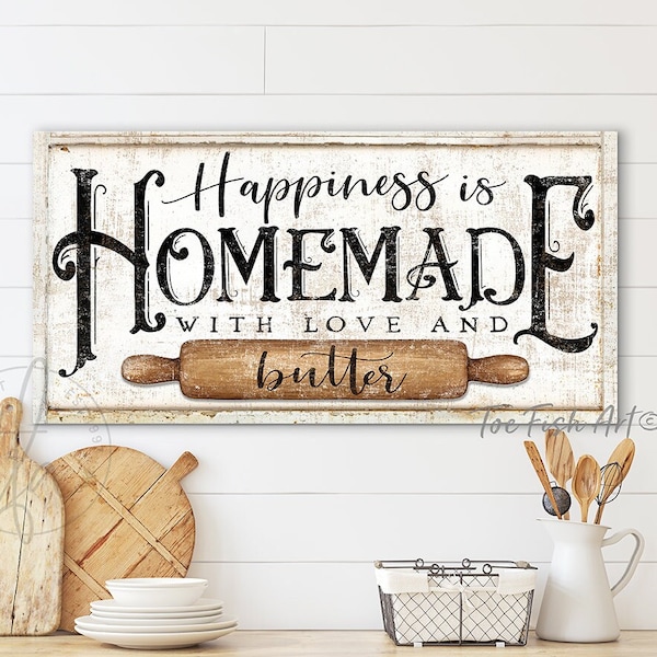 Happiness is Homemade with Love and Butter sign Modern Farmhouse Wall Decor Dining Room Kitchen Decor Large Canvas Print Art Baking Quote