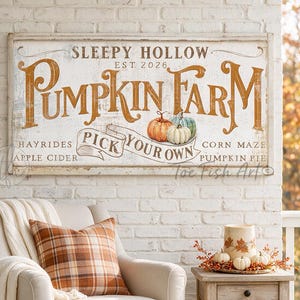 Pumpkin Farm Sign - Personalized Family Name, Rustic Fall Modern Farmhouse Wall Art, Thanksgiving Vintage Canvas or Outdoor Metal Print