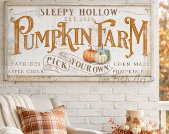 Pumpkin Farm Sign - Personalized Family Name, Rustic Fall Modern Farmhouse Wall Art, Thanksgiving Vintage Canvas or Outdoor Metal Print