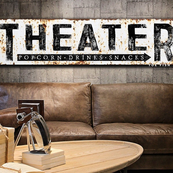 Modern Farmhouse Wall Decor Family Theater Sign Large Rustic Wall Art Industrial Vintage Signs Canvas Print Game Movie Room Home Theater