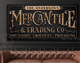 Personalized Mercantile Sign Antiques Collectables Family Owned Company Name Established Rustic Modern Farmhouse Wall decor Canvas Print