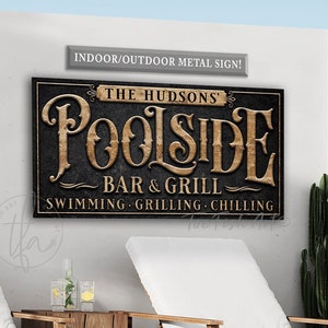 Enseigne personnalisée au bord de la piscine Piscine et terrasse personnalisées Bar et grill au bord de la piscine Paradise Terrasse extérieure Nom de famille PANNEAU EN MÉTAL rustique et moderne !