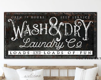 Modern Farmhouse Wall Decor Laundry Sign Wash & Dry Rustic Chic Self Service Laundry Room Decor Vintage Home Decor Primitive Canvas Print