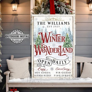 Winter Wonderland Christmas Sign – Personalized Family Modern Farmhouse Holiday Wall Art, Canvas or Outdoor Metal Print, Custom Porch Decor