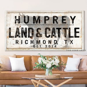 Modern Farmhouse Wall Decor Land & Cattle Company Custom Last Name Established Family Sign Rustic Cow Decor Large Living Room Wall Art Signs